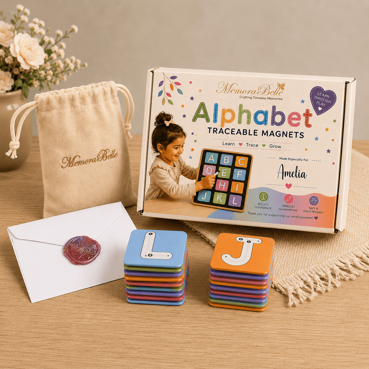 Complete set traceerbare alfabetmagneten in gepersonaliseerde verpakking