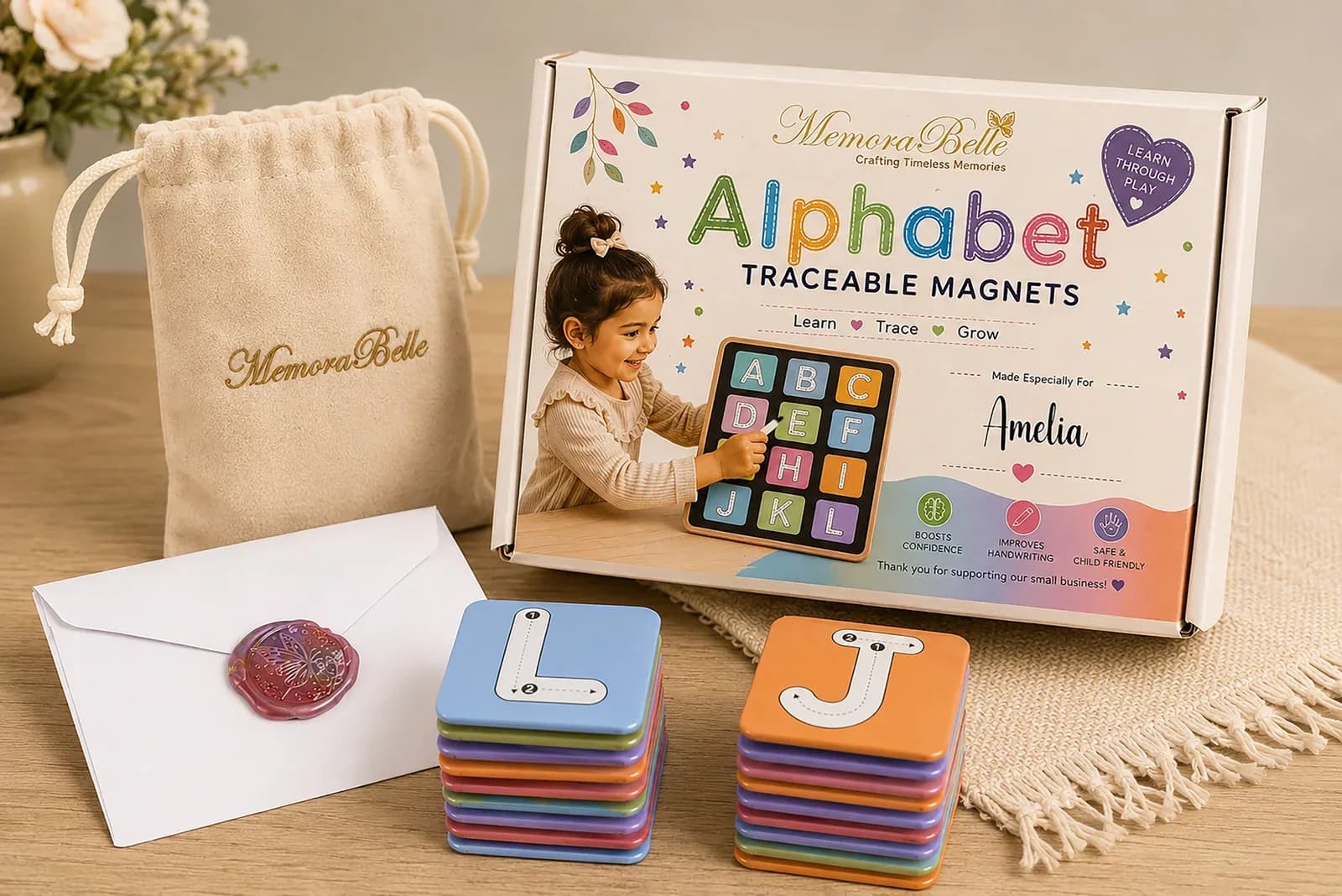 Complete traceable alphabet magnet set in personalised packaging